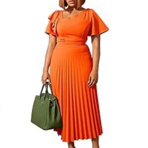 Orange Pleated Midi Dress with Flutter Sleeves